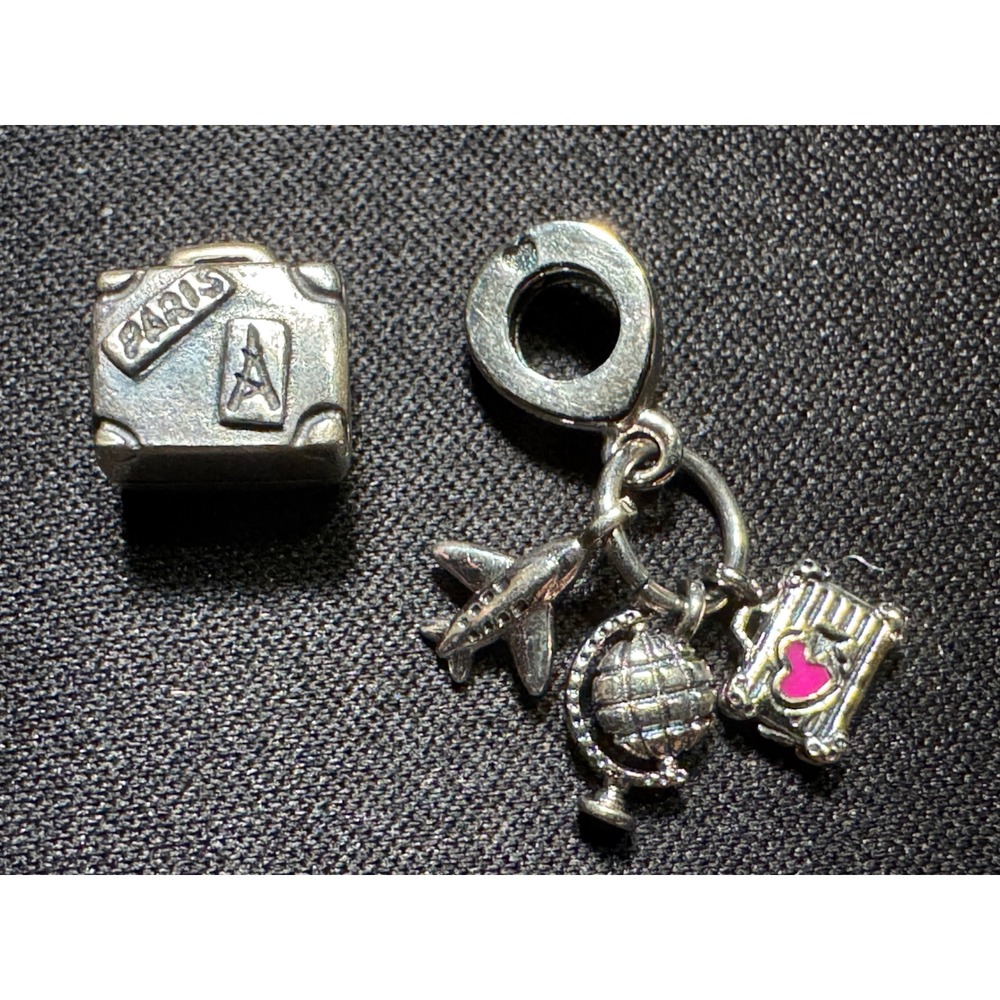 Pandora 925 Sterling Silver Travel Charm Lot Paris Suitcase Airplane Globe Pink
